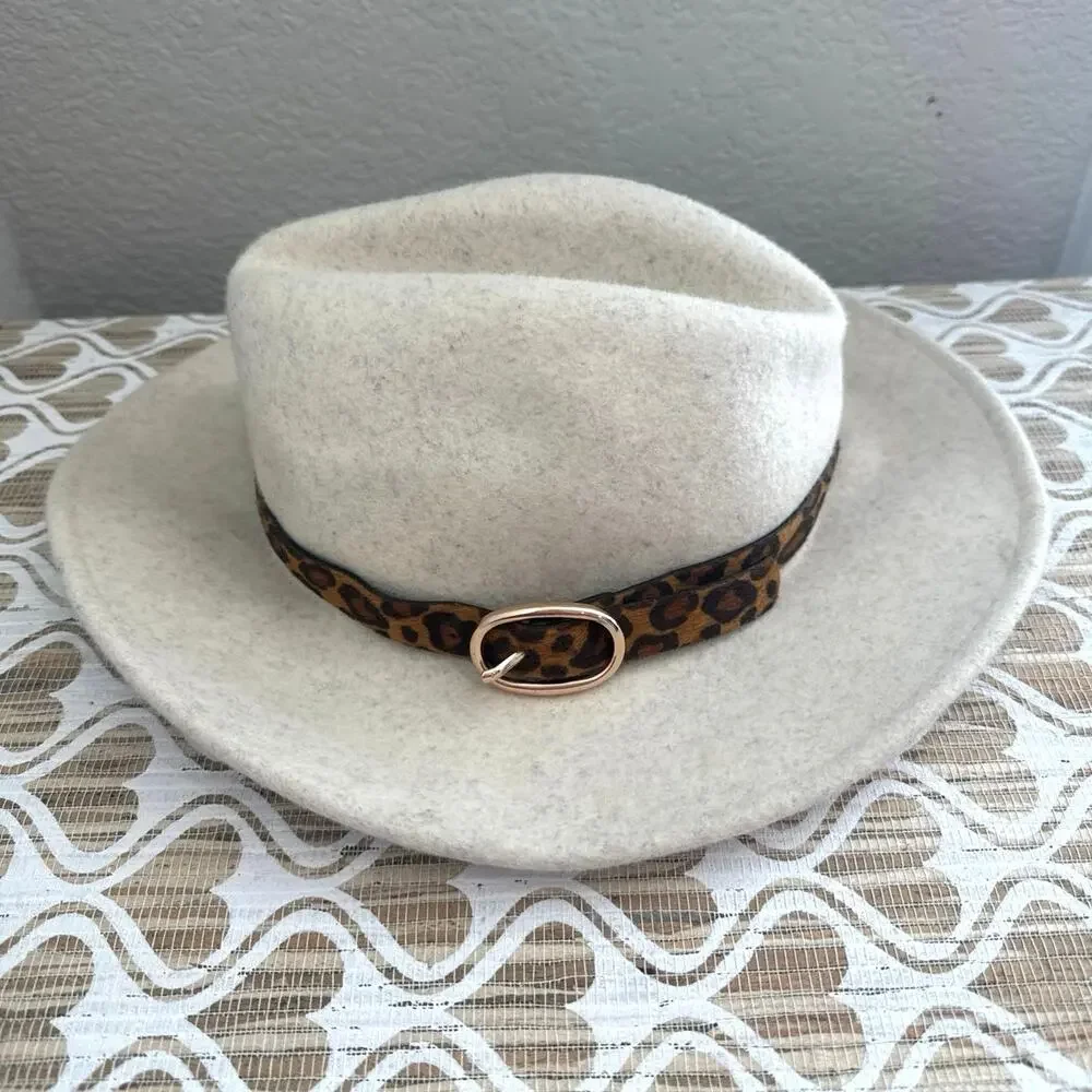 Altar'd State 100% Wool Hat with Leopard Print Buckle Detail with Gold Hardware